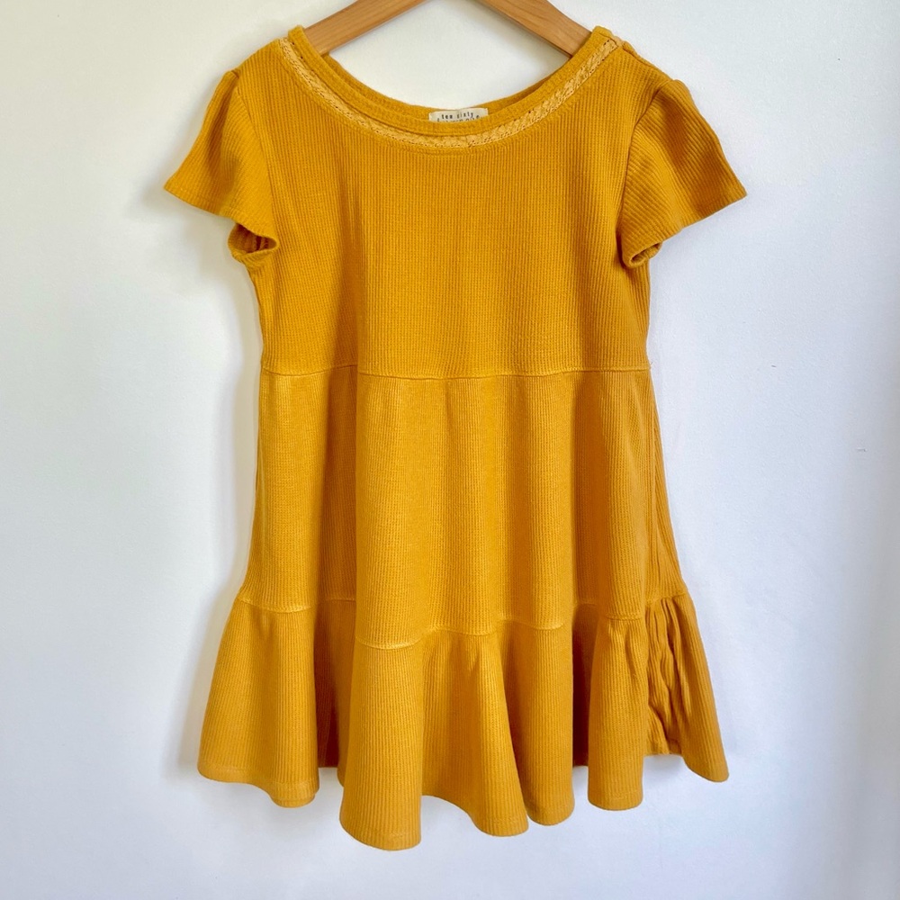 Ten Sixty Sherman Girls Mustard Gold Waffle Knit Tiered Ruffle Twirl Dress
